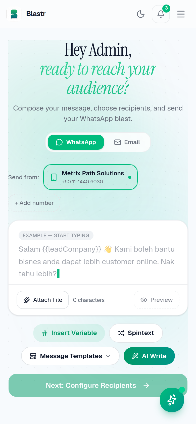 Message-first blast on mobile