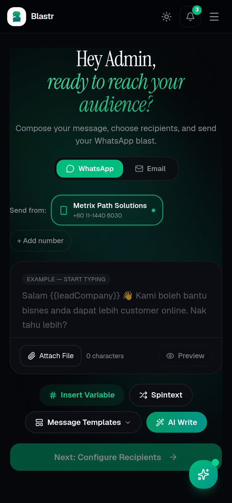 Message-first blast on mobile